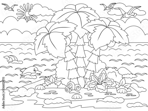 Uninhabited island in the ocean. Nature and fish. Coloring page outline of cartoon. Vector illustration, coloring book for kids.