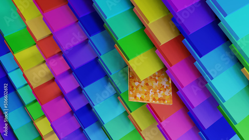 3D Illustration geometrical one of a kind single square standing out of the rainbow colorful sticky notes group background photo