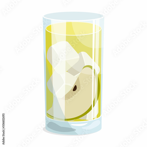 Drink glass with apple juice or a cocktail with ice and a slice of apple. Vector graphic.