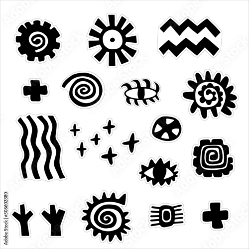 Sticker set of abstract symbols like sun, water, eye. Hand drawn picture of primitive tribes. Vector illustration