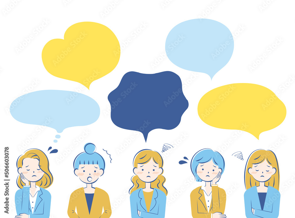 スーツ姿の女性たち　悩む　困る　フレーム　ふきだし