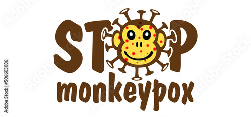 Cartoon monkey virus or monkeypox. Stop the virus belongs to the genus Orthopoxvirus in the family Poxviridae. infectious disease. Ape face with yellow banana. Vector monkey pox symbol or icon.