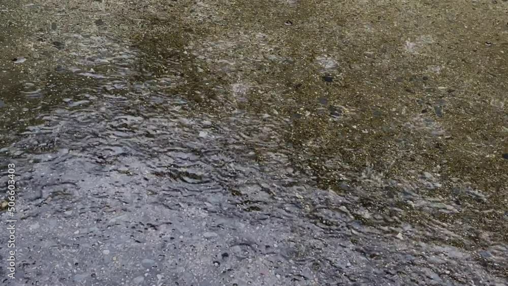 Slow motion of heavy of rain on a fungus concrete footpaths creating a pattern of splashes and ripples and be were slip. Slow motion of heavy of rain on a fungus concrete footpaths creating a pattern of splashes and ripples and be were slip.