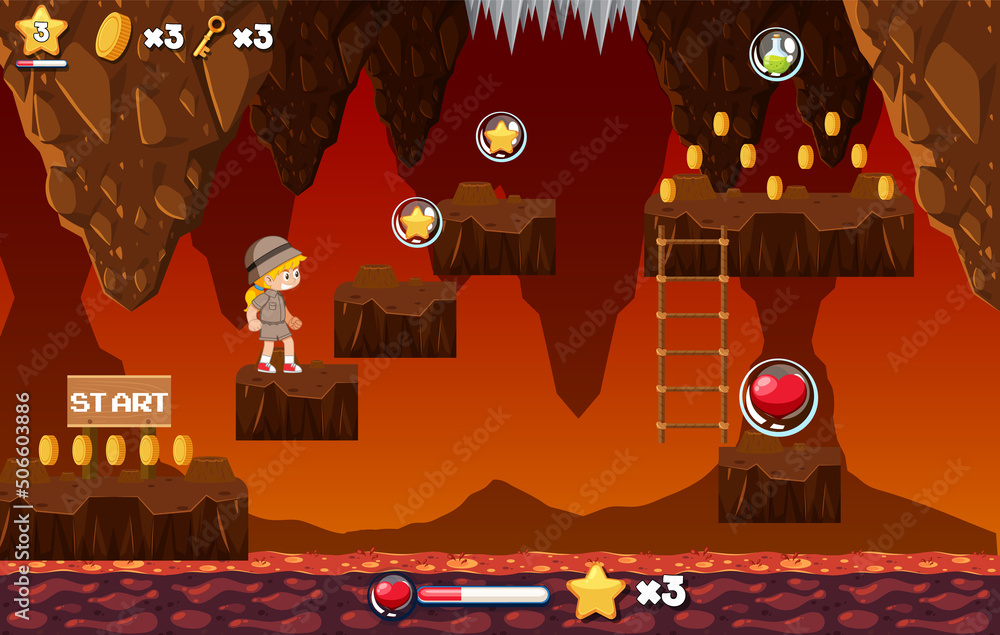 Obraz premium Platform game interface design in lava theme