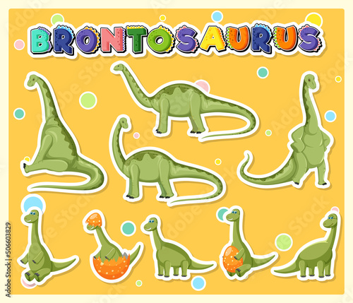 Set of cute brontosaurus dinosaur cartoon characters