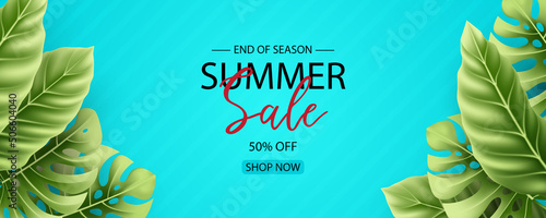 Summer sale banner design with tropical leaves background