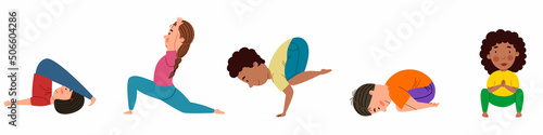 A set of pretty girls and boys of different nationalities are engaged in yoga. Yoga for children. Vector illustration in a flat style
