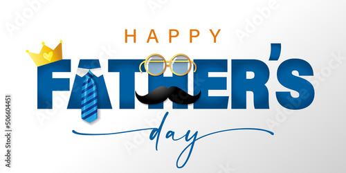Happy Father's Day banner with tie, glasses and mustache. Advertising poster I love you Dad for Father's Day with text. Vector illustration