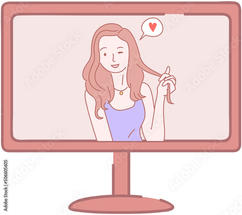Remote comunication app on monitor. Distance relationship, internet video call chat with girlfriend. Program for virtual dating and communication. Lovely girl during video meeting on computer screen