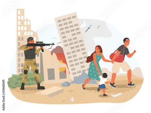 Military soldier aiming rifle at family refugee