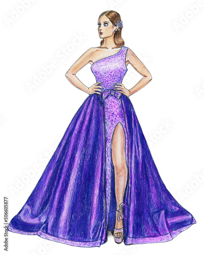 Fashion Model in a Long Flowing Purple Evening Gown Maxi Dress