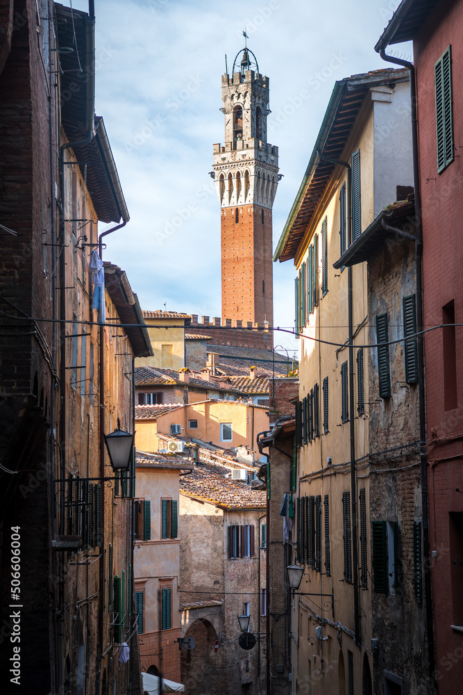 views of mangia tower in siena, italy