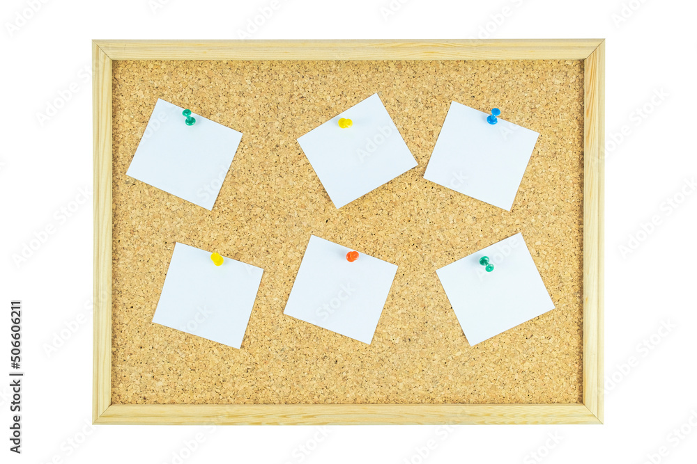 Cork pinboard with five pinned scattered paper isolated on white background, copy space, paper area for text on timber pinboard, advertising banner, message text concept Cork pinboard with five pinned scattered paper isolated on white background, copy space, paper area for text on timber pinboard, advertising banner, message text concept