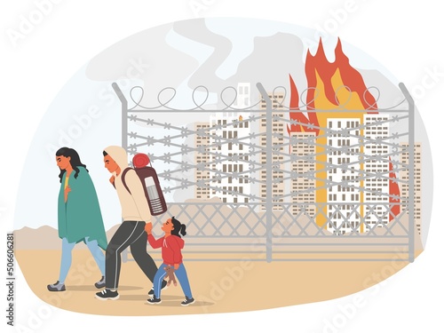 Refugees people run away from city bombing