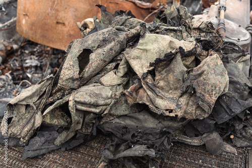 Burnt part of the clothes of the Russian tank crew