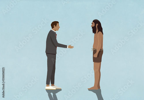 Businessman extending handshake to caveman

