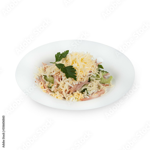 Fresh salad starter simple food on white plate isolated