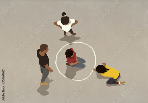 Family drawing circle around girl with COVID
 photo