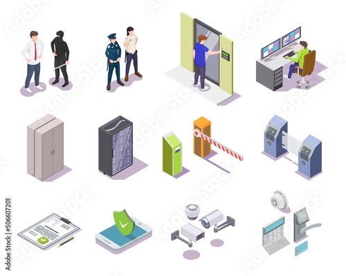 Access control system isometric 3d vector set