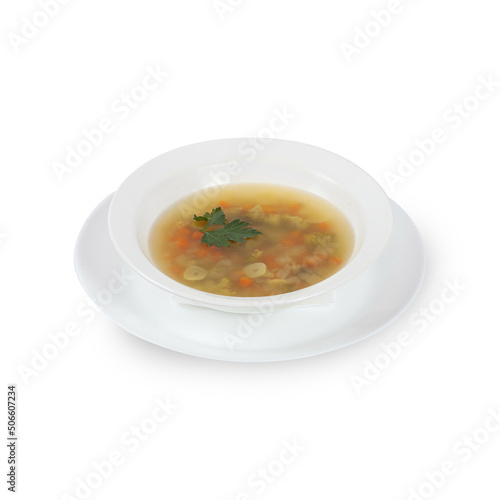 Fresh soup in white bowl on plate isolated in white background