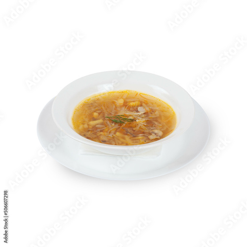 Fresh soup in white bowl on plate isolated in white background © Isolated On White