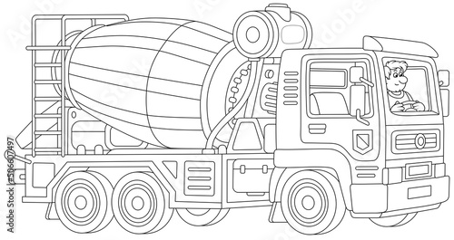 Concrete mixer lorry with a funny driver working for a building site, black and white vector cartoon illustration for a coloring book page