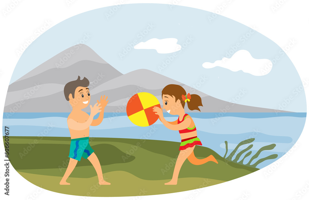 Kids tossing ball to each other during summer vacation. Childhood of boy and girl friends concept. Children playing volleyball near lake or river. Brother and sister spend time together in nature