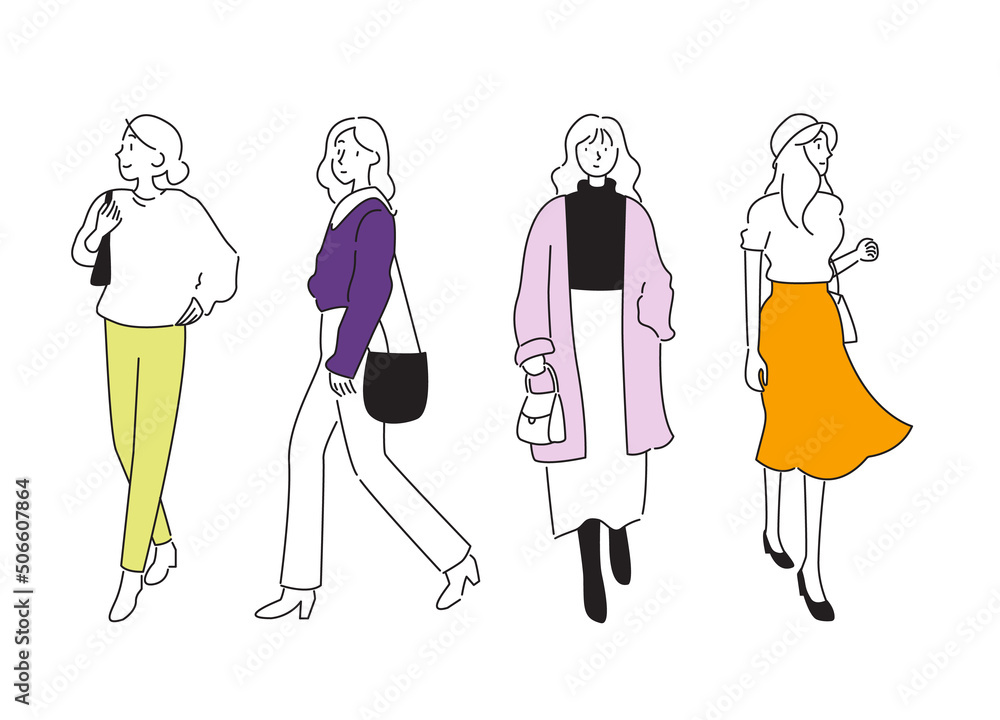 People line drawing in flat style. Women dressed in stylish trendy clothing, street outfit fashion girls walking. People line drawing in flat style. Women dressed in stylish trendy clothing, street outfit fashion girls walking.