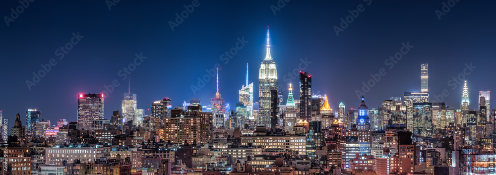 New York City skyline panorama at night, USA New York City skyline panorama at night, USA