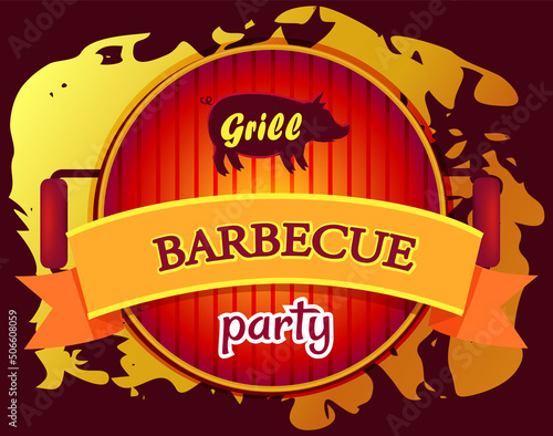 BBQ party logo template, emblem for cafe, restaurant or food delivery service. Grilled food advertising lettering. Barbeque, picnic with grill label design, circle tag or sticker vector illustration