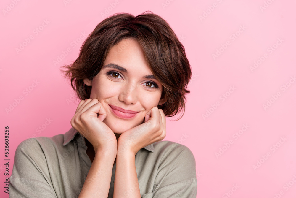 Photo of sweet young bob hairdo lady hands face wear grey cloth isolated on pink color background Photo of sweet young bob hairdo lady hands face wear grey cloth isolated on pink color background
