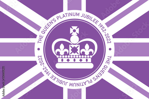 The Queen's Platinum Jubilee celebration sign crown in circle with union jack flag in purple color. Vector flat illustration. Design for greeting  card, banner, flyer photo