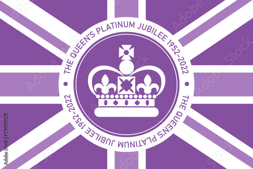 The Queen's Platinum Jubilee celebration sign crown in circle with union jack flag in purple color. Vector flat illustration. Design for greeting  card, banner, flyer