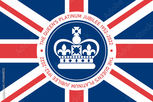 The Queen's Platinum Jubilee celebration sign crown in circle with union jack flag. Vector flat illustration. Design for greeting  card, banner, flyer