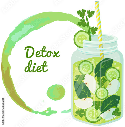 Detox diet lettering in abstract round frame and jar with drink, smoothie. Colorful abstract sign with inscription and diet fruit cocktail. Proper nutrition, healthy lifestyle, detox concept