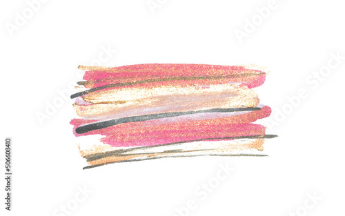 Abstract gold, pink and black hand painted watercolor stripes on white background