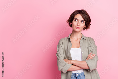 Photo of lovely young bob hairdo lady crossed palms look promotion wear grey look isolated on pink color background