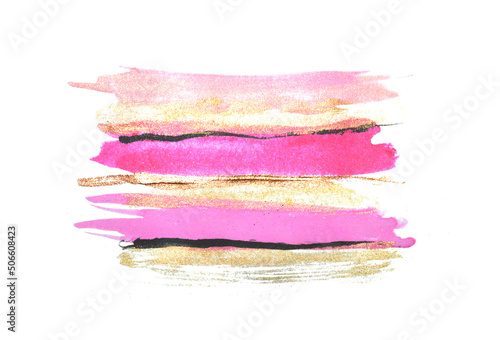 Abstract gold, pink and black watercolor stripes on white background