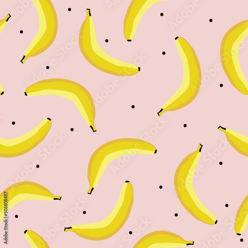 Simple banana pattern . ripe bananas and black dots. Light pink background. Fashionable print for textiles, wallpaper and packaging.