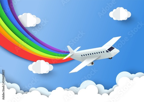 Airplane in sky drawing rainbow over cloud vector