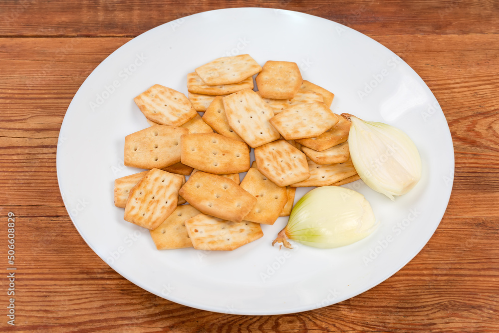 Savory crackers with onion addition and fresh onion on dish Savory crackers with onion addition and fresh onion on dish
