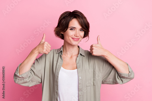 Print op canvas Photo of cool millennial bob hairdo lady thumb up wear outfit isolated on pink c