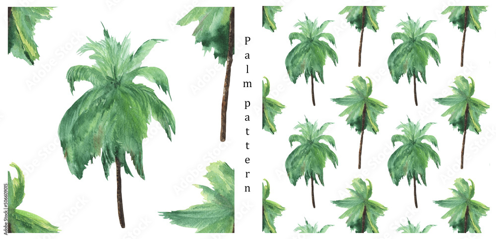 Watercolor tropical seamless pattern, palm trees - obrazy, fototapety, plakaty 