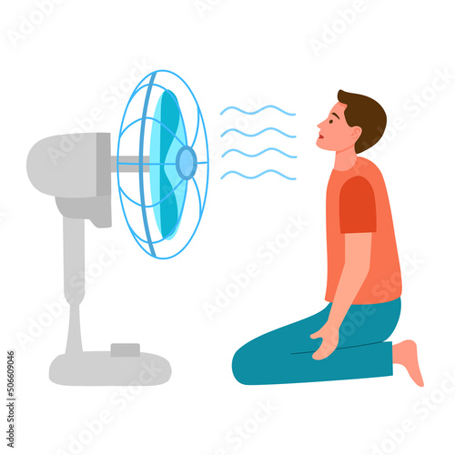 Young man with electric fan blowing in hot summer day in flat design on white background.