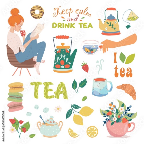 Hand drawn teapot and cup collection with girl isolated on white background. Vector illustration on tea time icons for cafe and restaurant menu design