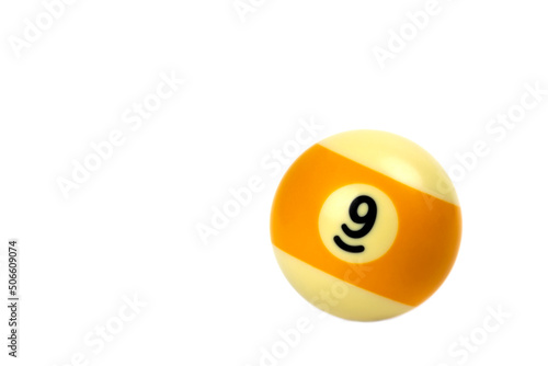 Pool ball number 9 isolated on a white background. close up