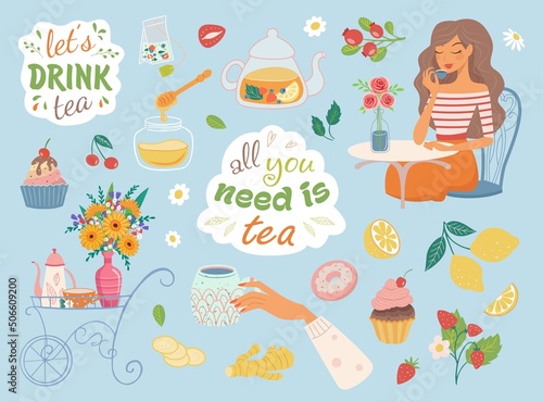 Hand drawn teapot and cup collection. Doodle tea cups, coffee cups and teapots with girl isolated on blue background. Vector illustration on tea time icons for cafe and restaurant menu design