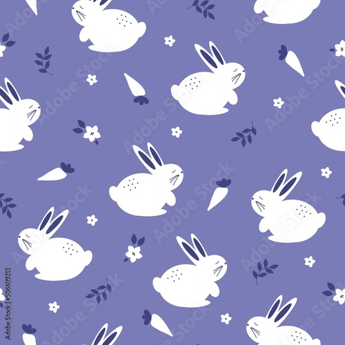 Simple rabbits pattern. white hares, carrots and flowers. blue background. Fashionable print for children's textiles, wallpaper and packaging.