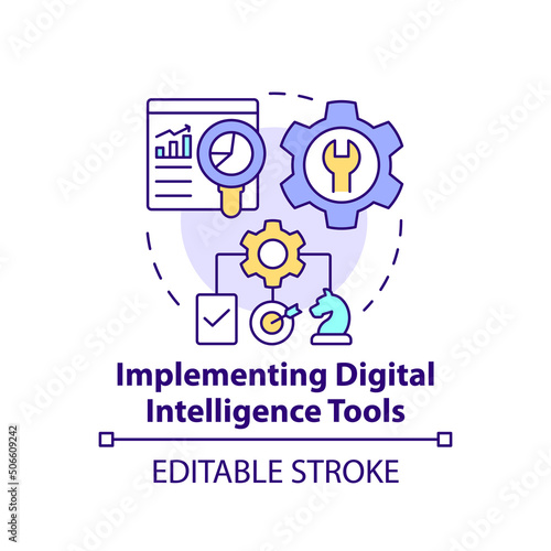 Implementing digital intelligence tools concept icon. Digital first strategy abstract idea thin line illustration. Isolated outline drawing. Editable stroke. Arial, Myriad Pro-Bold fonts used