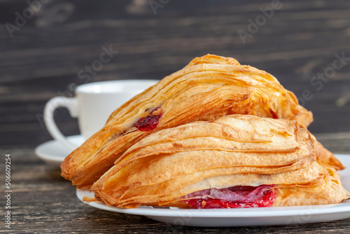 Photography puff pastry with strawberry red filling